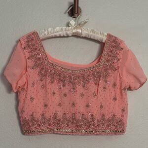 Embellished Silk Beaded Coral Pink Women's Sari Top